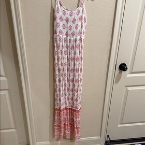 Women's White and Coral Print Maxi Babydoll Dress